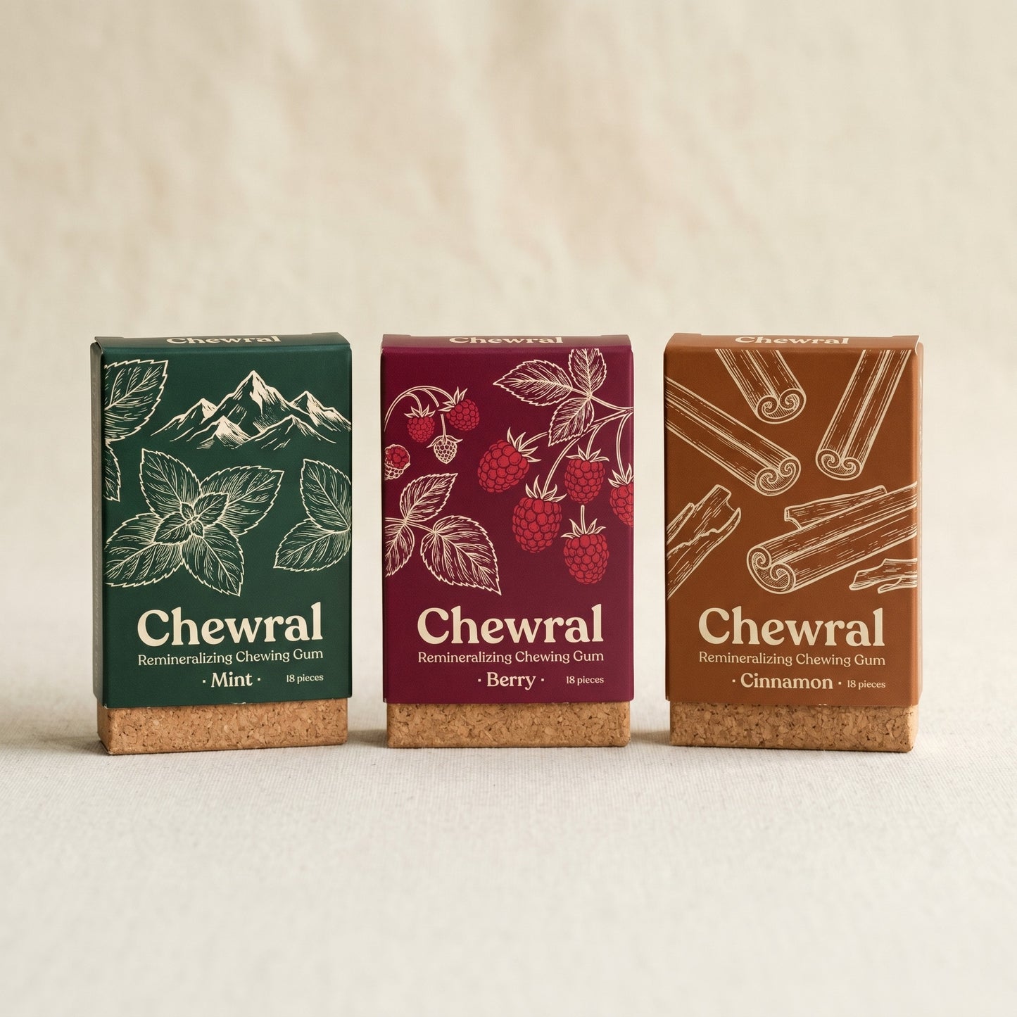 Chewral Variety Starter Pack — three flavor boxes Mint Berry Cinnamon side by side