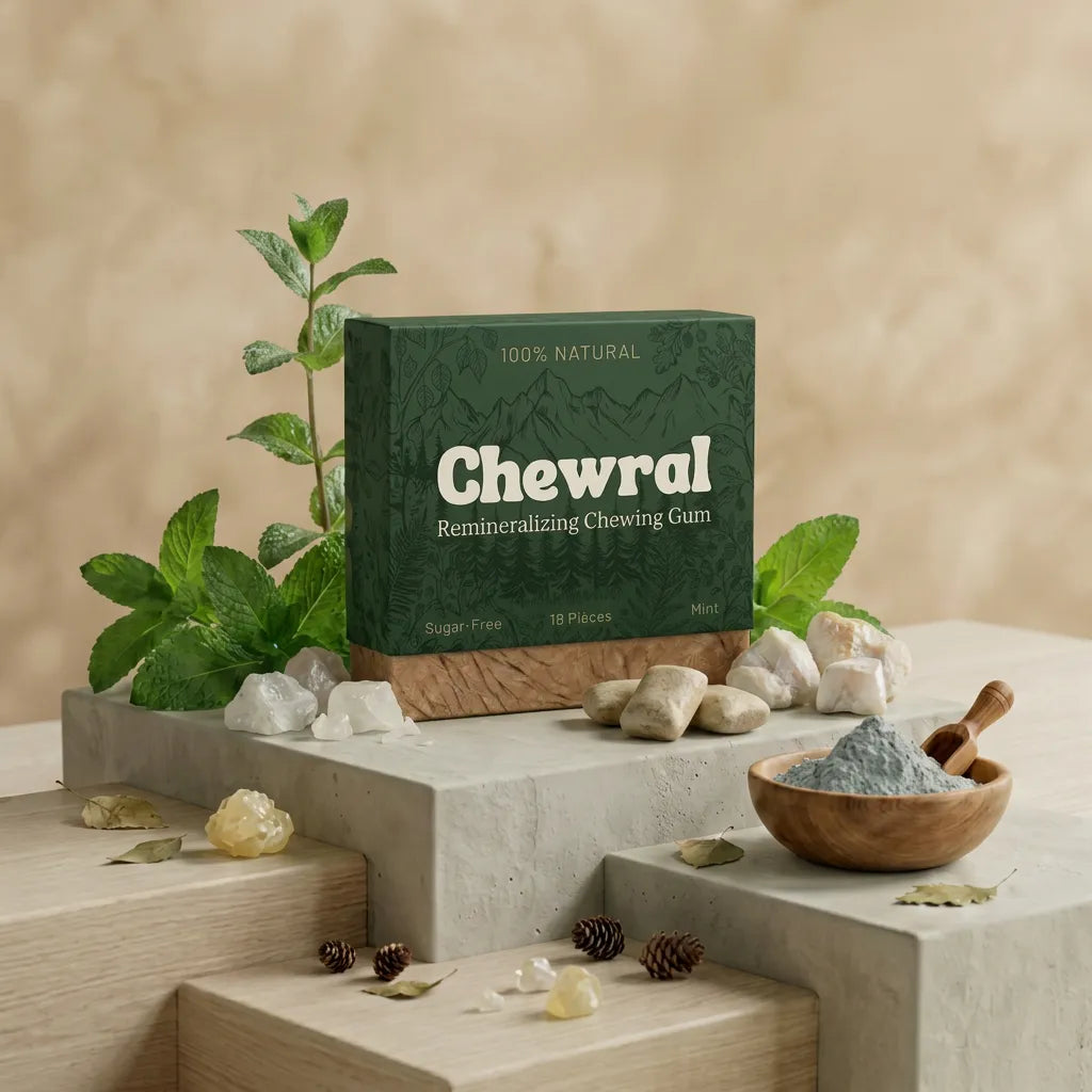 Chewral remineralizing chewing gum 24-piece mint pack with mint leaves and minerals on stone podium