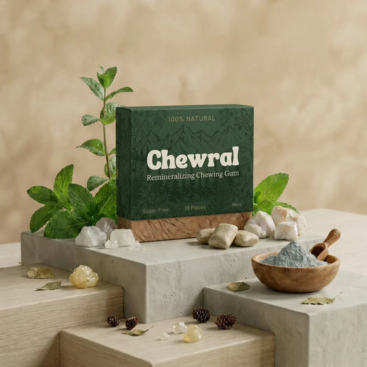 Chewral remineralizing chewing gum 24-piece mint pack with mint leaves and minerals on stone podium