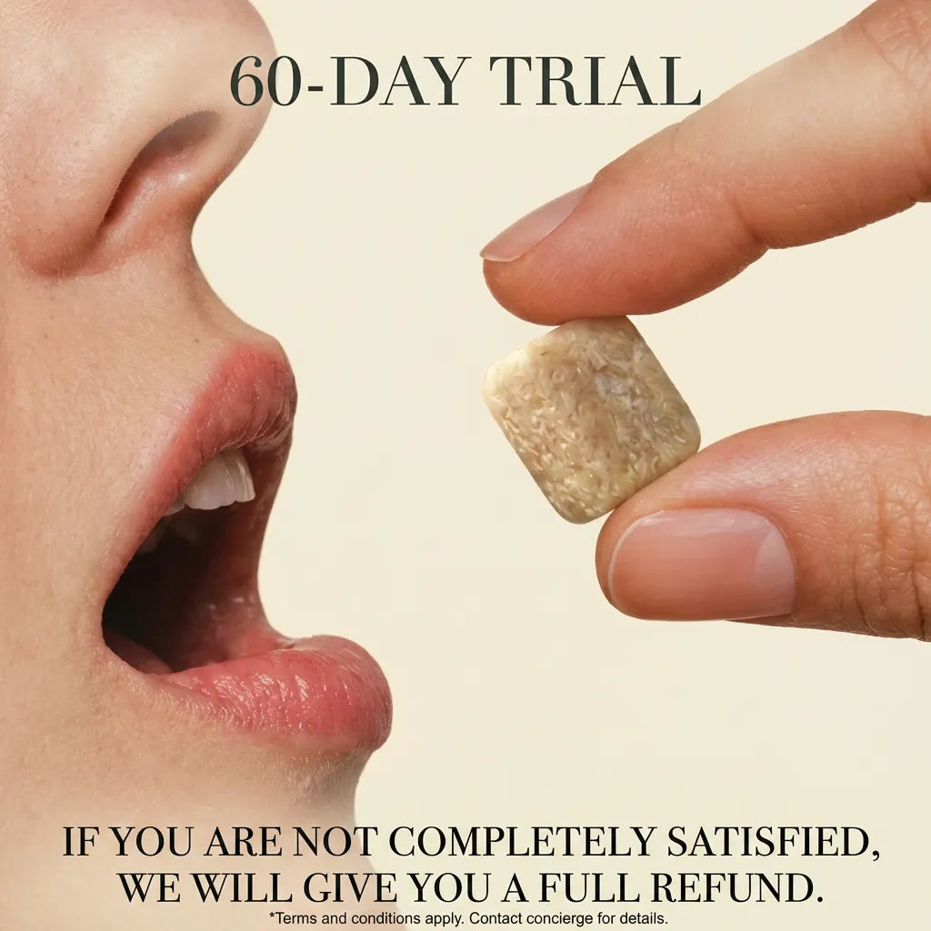Chewral 60-day money-back trial — woman holding a single Chewral cube before chewing