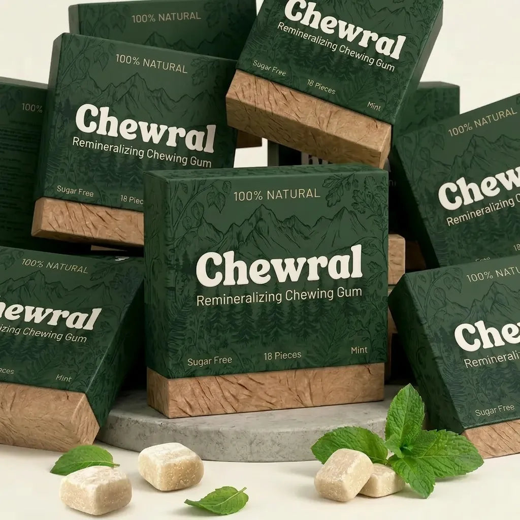 Stack of Chewral packs with mint leaves and natural marbled cube candies on ivory background